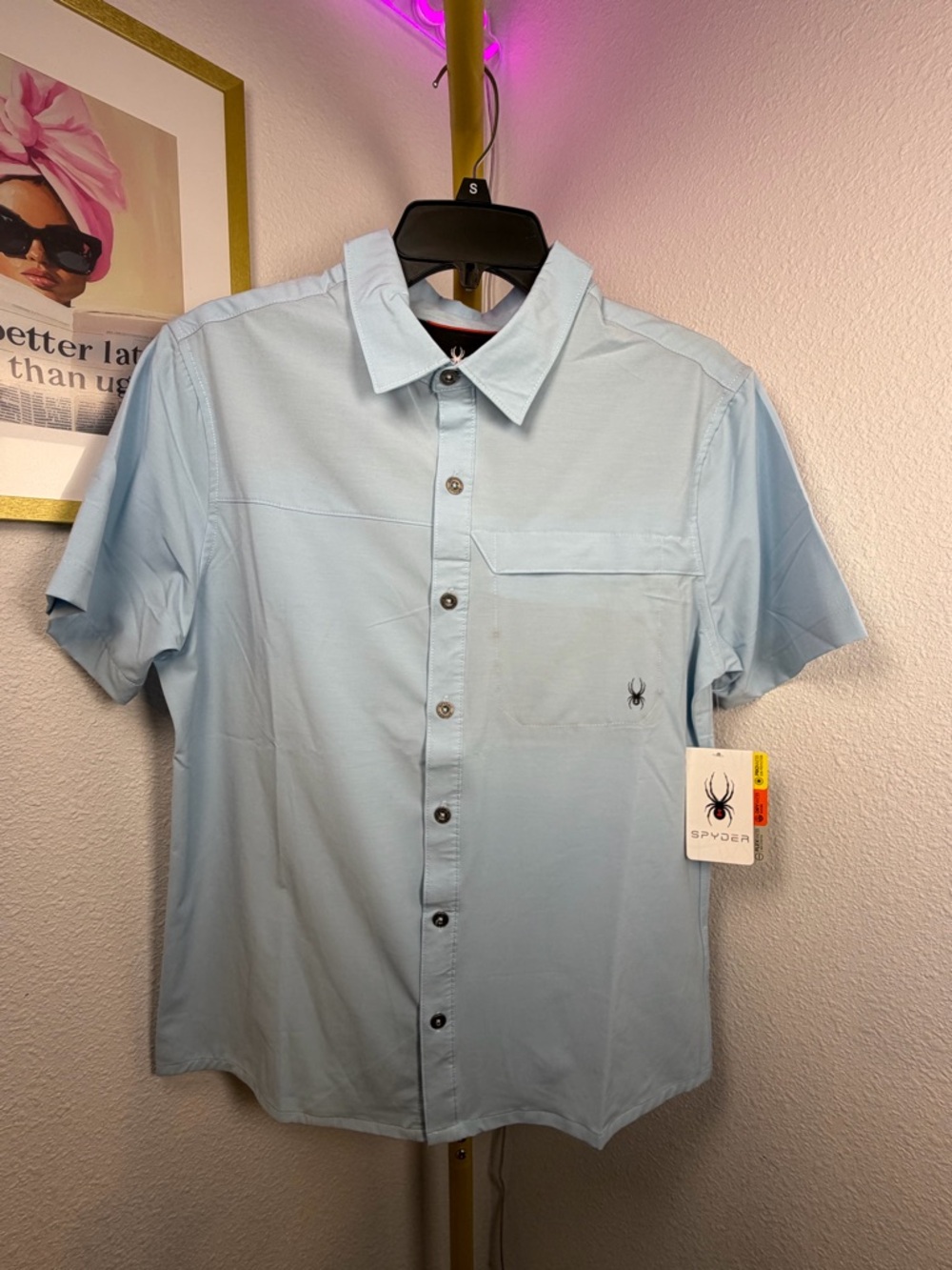 Spyder Men’s Short-Sleeve Button-Up Shirt in Pale Blue Small NWT
